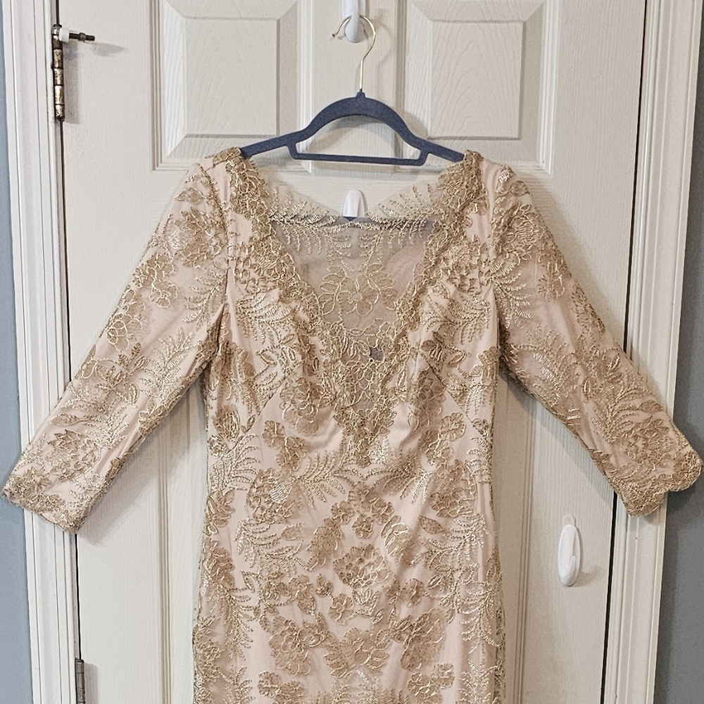 Tadashi Shoji Zuri Gold Embroidered Lace Dress Formal Mother of The Bride - Picture 13 of 16